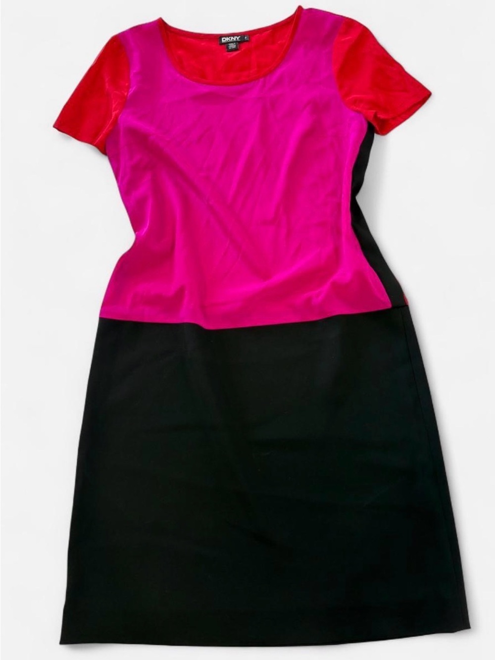 DKNY Pink and Red Colorblock Midi Sheath Dress with Black Skirt